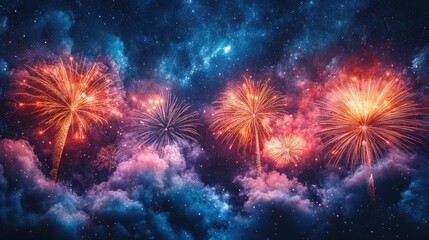 Vibrant Fireworks Display in Night Sky Watercolor Illustration