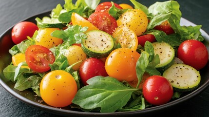 A colorful array of vibrant garden vegetables, including bell peppers, zucchini, cherry tomatoes, and leafy greens
