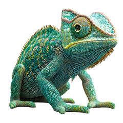 Obraz premium A Detailed Close-up of a Green Chameleon Sitting on a White Background, Isolated and Ready for Editing, Transparent Background