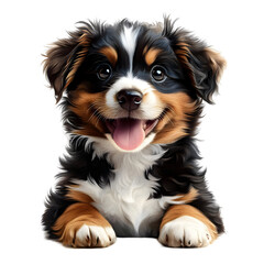 Fototapeta premium Cute Puppy with Black, White, and Brown Fur Smiling Isolated on a Transparent Background