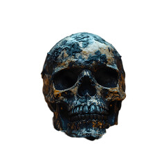 Obraz premium Human Skull Covered in Black Goo Sits on a Bed of Autumn Leaves Isolated on a Transparent Background