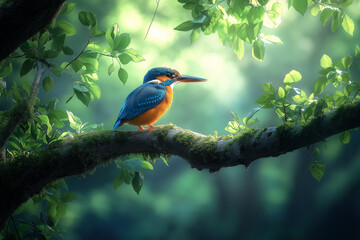 Obraz premium A beautiful kingfisher bird perched on the branch of an ancient tree, blurred background. Creating a nature scene, serene, and peaceful atmosphere. Nature illustration photography.