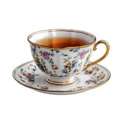 Floral Teacup with Saucer Filled with Tea, Isolated on a Transparent Background