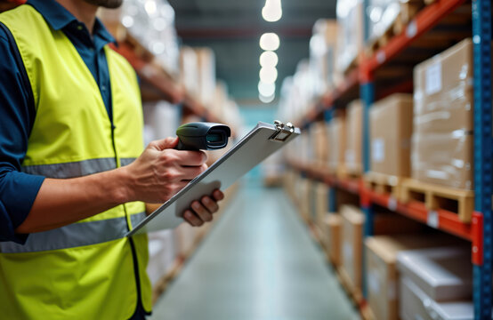 Warehouse worker scans package using barcode scanner. Checks items on clipboard. Logistics, distribution. Indoor work environment with many boxes on shelves. Man wears yellow safety vest. Focus on