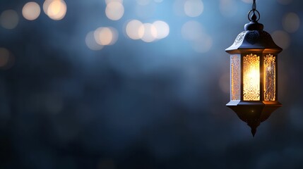 A glowing lantern illuminates a serene, blurred background.