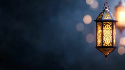 A decorative lantern glowing softly against a dark background.