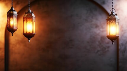 Three ornate lanterns casting warm light in a textured background.