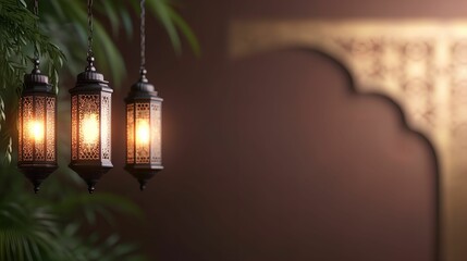 Elegant lanterns hanging in a serene, decorative setting.