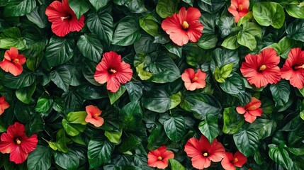 A textured view of hibiscus flowers and tropical leaves, arranged naturally to form a vivid floral background in a park