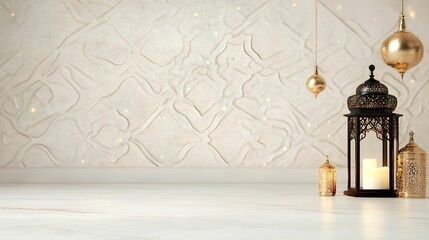 Elegant lanterns and candles against a textured wall backdrop.
