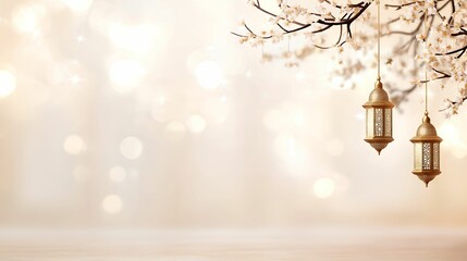 Elegant lanterns hang from a flowering branch, creating a serene ambiance.