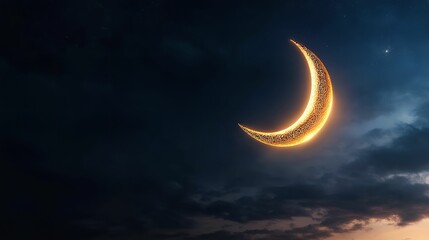 A glowing crescent moon shines in a dark, cloudy sky.