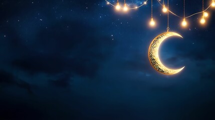 A decorative crescent moon hangs against a starry night sky.