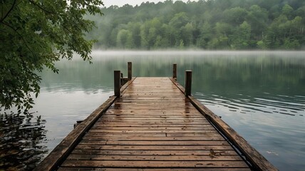 Obraz premium A wooden pier is in front of a lake with foggy mist in the background
