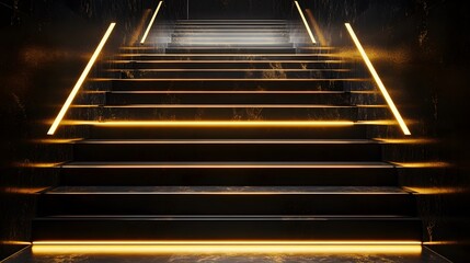 Illuminated Black Marble Staircase Ascending Into Darkness