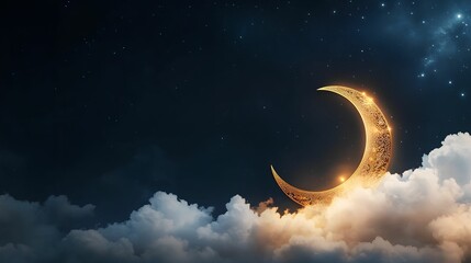 A crescent moon glowing above soft clouds in a starry night sky.
