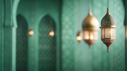 Ornate lanterns in a beautifully designed green interior space.