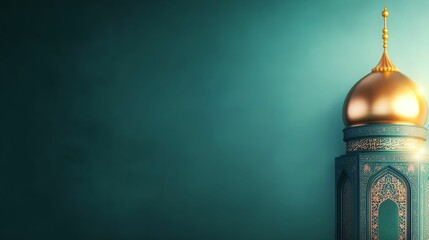 A decorative tower with a golden dome against a teal background.