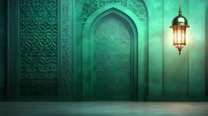 Intricate turquoise wall with an ornate arch and lantern.