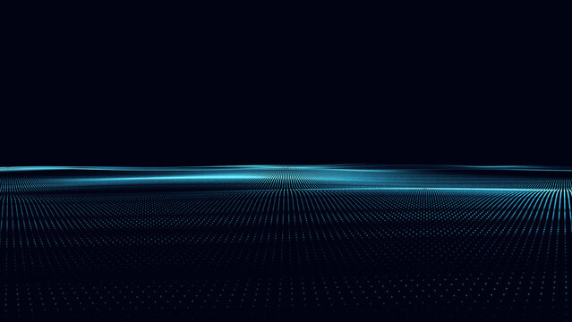Blue technological background with digital particles and luminous abstract waves