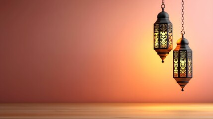 Two ornate lanterns hanging against a warm gradient background.