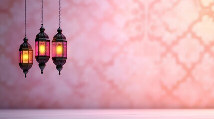 Three ornate lanterns hanging against a soft, patterned background.