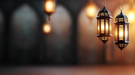 Two ornate lanterns illuminating a dimly lit interior space.
