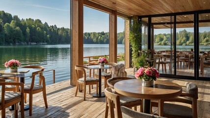Fototapeta premium A restaurant with a view of a lake