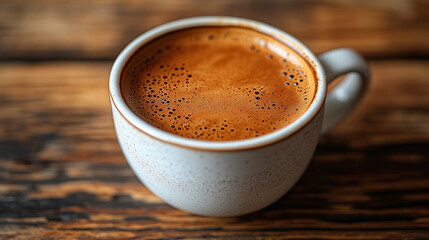 Fototapeta premium Overhead coffee cup on wooden surface, cinematic warm tones 