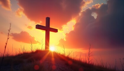 Religious image of wooden cross on hilltop at sunset. Dramatic sky with clouds and warm light. Suggests faith and spirituality. Image suitable for Christian themes like Easter or Good Friday.