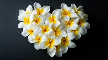 Fototapeta premium An artistic arrangement of white and yellow frangipani flowers forming a heart shape on a black background, perfect for romantic themes