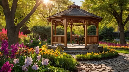 Fototapeta premium A beautiful garden with a gazebo and a path