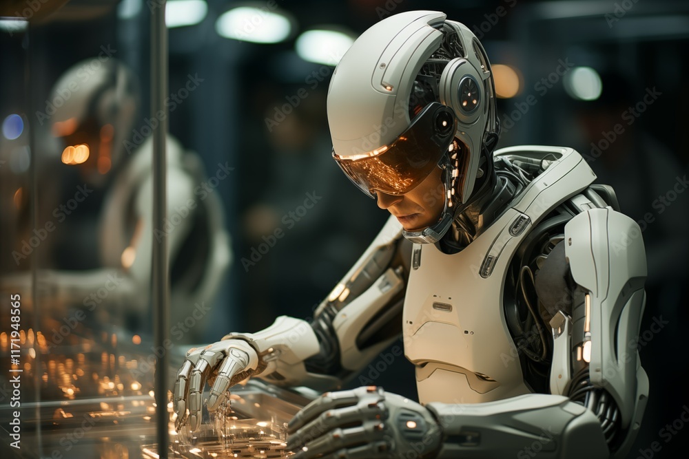 Poster advanced humanoid robots engaged in precision engineering tasks in a high-tech laboratory