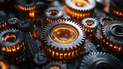 Industrial gear mechanism close-up workshop photography dark environment macro view technology concept