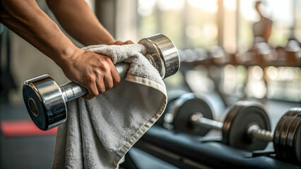 Close-Up of Hands Holding Dumbbell with Towel in Gym Setting