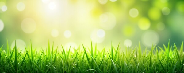 Obraz premium Fresh spring garden background shows vibrant green grass in focus with defocused green foliage, sunny soft light. Natural beauty of nature in springtime. Ideal as springtime background or wallpaper.