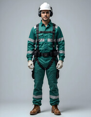 Portrait of a Confident Male Industrial Worker in Green Uniform and Safety Gear