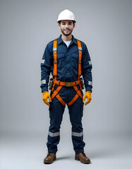 Portrait of a smiling construction worker wearing a safety harness and helmet.