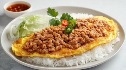 Minced pork omelette cooked to perfection, served on jasmine rice, with a bowl of clear soup and chili sauce on the side.