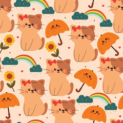 Obraz premium seamless pattern cute cartoon cat with plant and sky element. cute animal pattern for wallpaper, background and gift wrap paper
