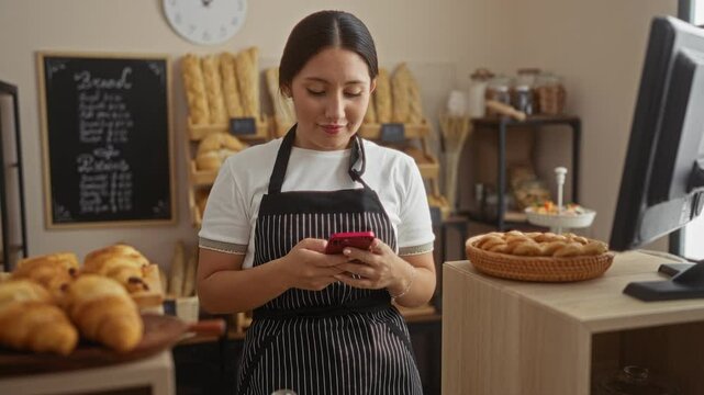 Young woman in a bakery checking her phone while smiling behind the counter with bread and pastries displayed around