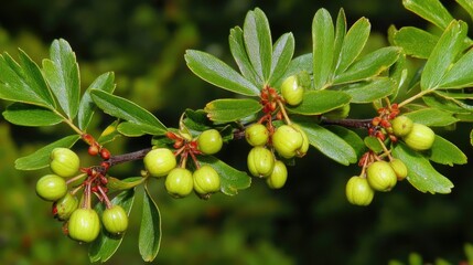 Turkey berry branch on a tree, with clusters of green fruits hanging amidst glossy leaves, bathed in natural sunlight.