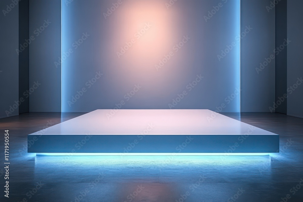 Poster elegant minimalist presentation platform with soft blue base in modern art gallery
