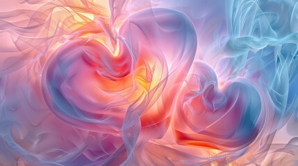 Obraz premium Two intertwined hearts in a soft, colorful, and ethereal swirl of pastel hues.
