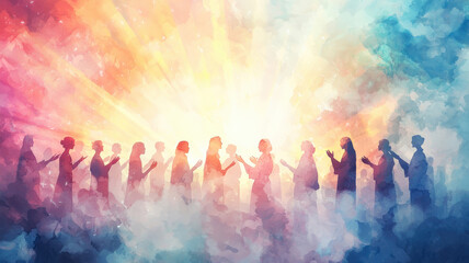 A detailed watercolor of an angelic choir singing amidst soft clouds, illuminated by beams of divine light descending from above, creating a heavenly and uplifting atmosphere.