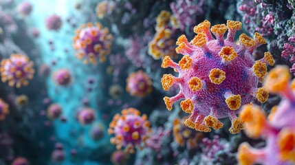 Covid-19 virus structure microscopic view scientific illustration underwater environment close-up perspective
