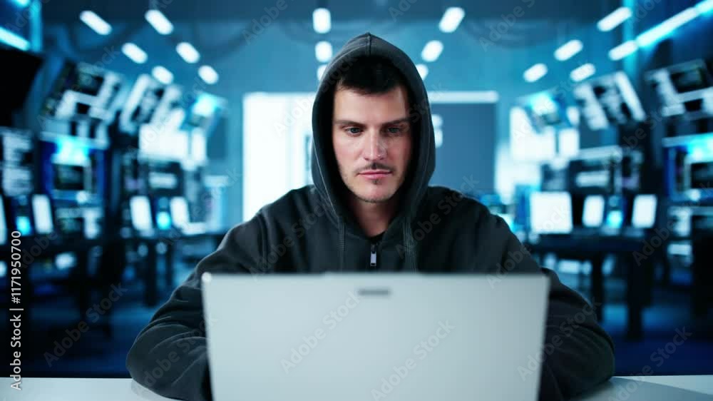 Poster cyber security risk. thief man hacking
