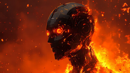 Fiery dissolution of a robotic being. Oblivian. Illustration