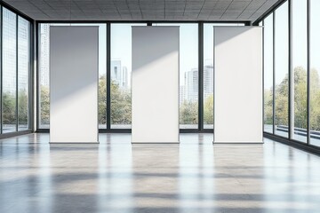 Obraz premium Modern Exhibition Space with Empty Roll-Up Banners and Large Windows