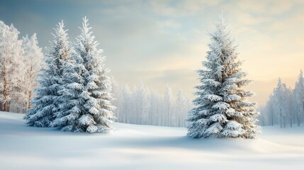 Fototapeta premium The winter landscape depicts a serene forest with snow covered trees standing tall, creating a peaceful and tranquil atmosphere.